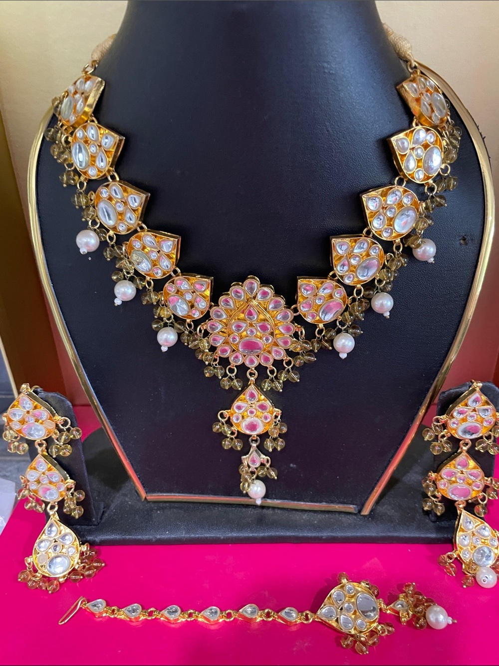 Gold-Plated Pink and White Kundan Necklace Set with Pearl Drops - Women Jewelry